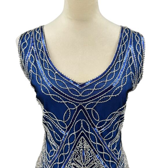 Babeyond NWT Royal Blue Sequin Beaded Fringe Flapper Style Midi Dress - Picture 4 of 12
